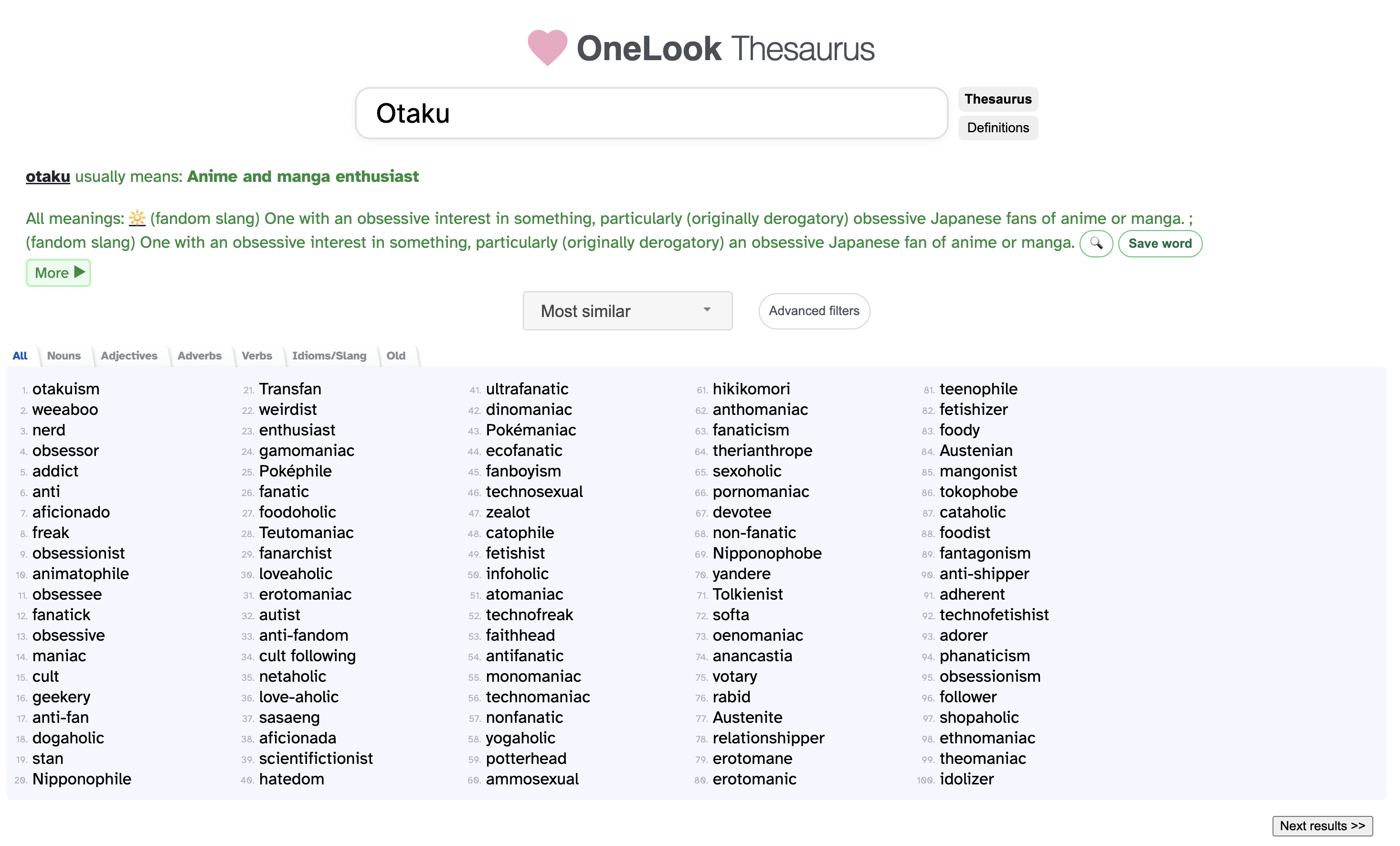 A screenshot of the Onelook Thesaurus